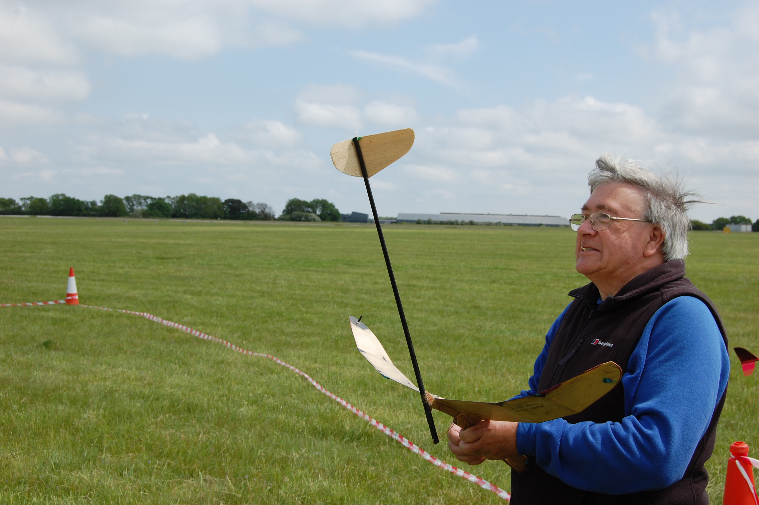 Mike Page   with tip-launched HLG   Note balsa wing